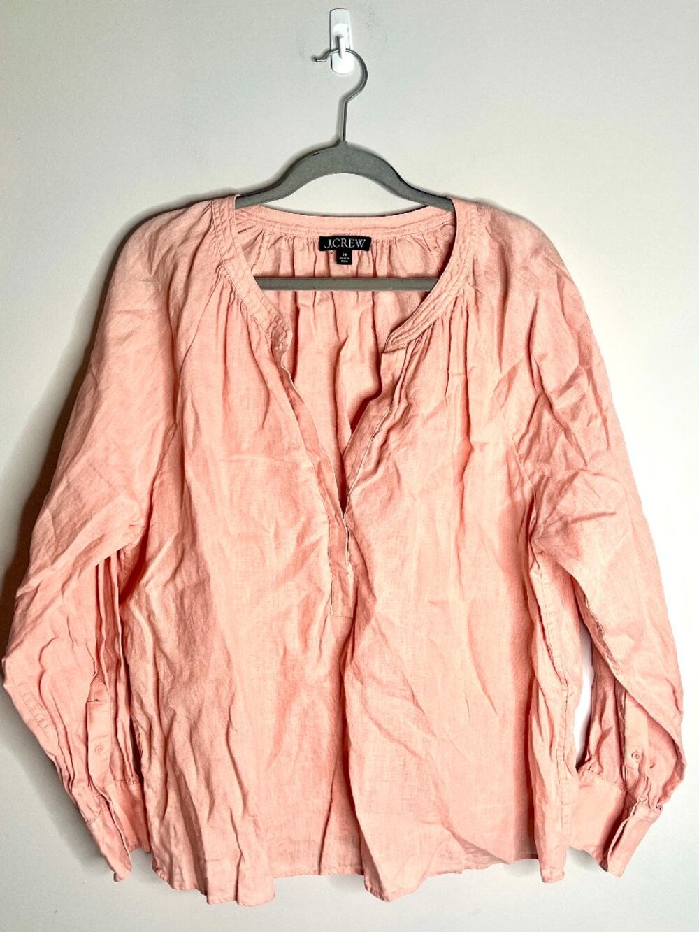 J. Crew 100% Linen Popover Long Sleeve Blouse Peach Beachy Resortwear Sz 2X